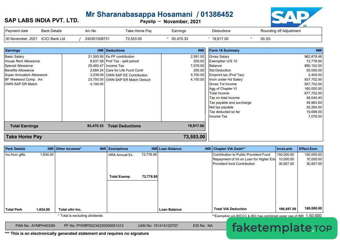 Feature of fake Sap Labs Payslip